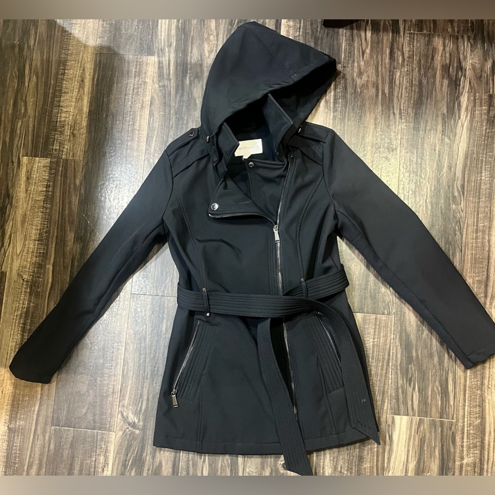 BCBGeneration Women's Asymmetrical Zip Belted Soft-Shell Coat with Hood